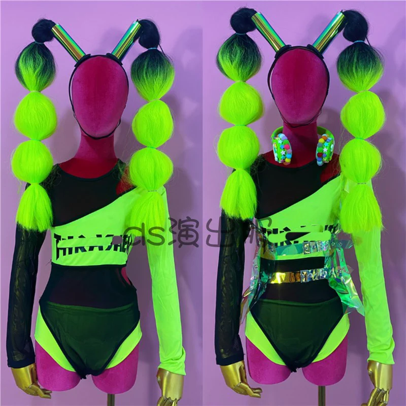 Sexy Fluorescent Bodysuit Big Wig Party Nightclub Bar Female Singer Stage Outfit Halloween Cosplay Jazz Dance Costume DWY4329