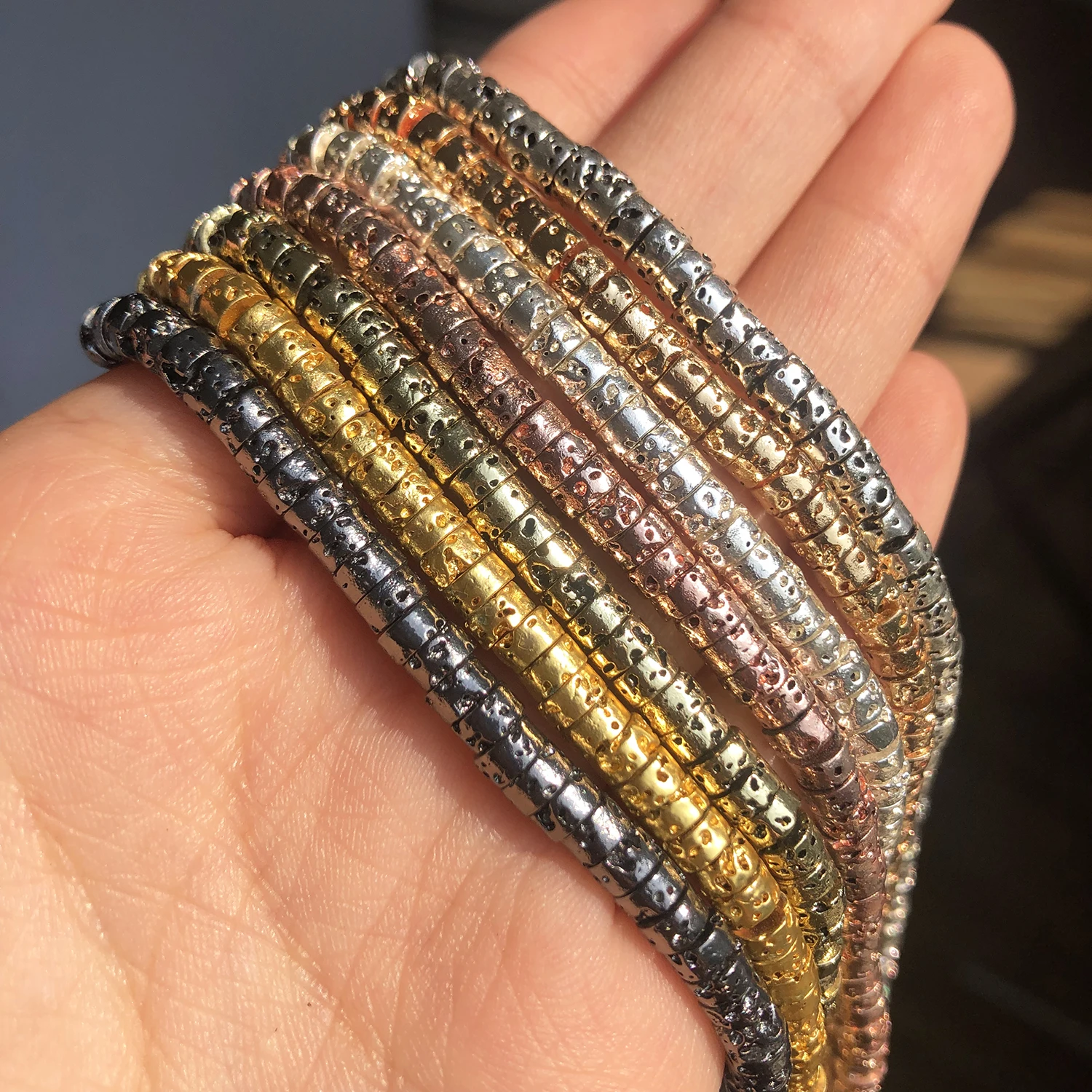 اسطوانة العمود صخرة بركانية إسوارة خرز من حجارة الحمم الذهب والفضة اللون شقة مستديرة فضفاض الخرز لصنع المجوهرات سوار لتقوم بها بنفسك 4x2mm #2