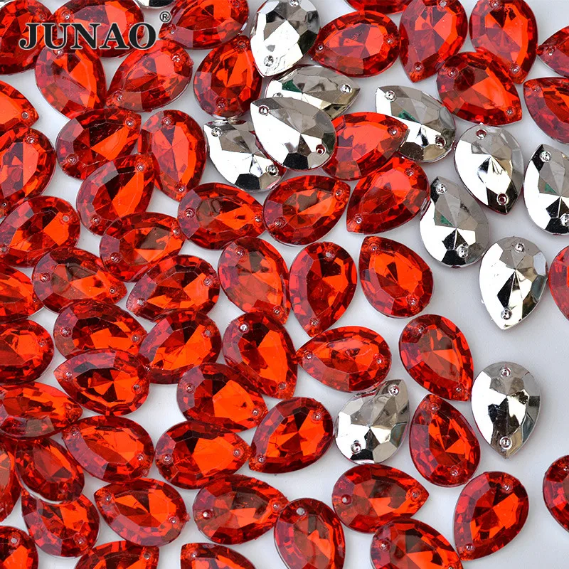 JUNAO 100pcs 13*18mm Sewing Red Drop Rhinestone Pointback Acrylic Crystal Applique Sew On Stone For Clothes Dress Decoration