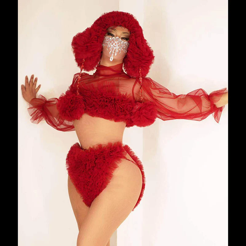 

Sexy red and white mesh bra shorts hat suit stage performance costume bar concert DJ singer/dancer costume