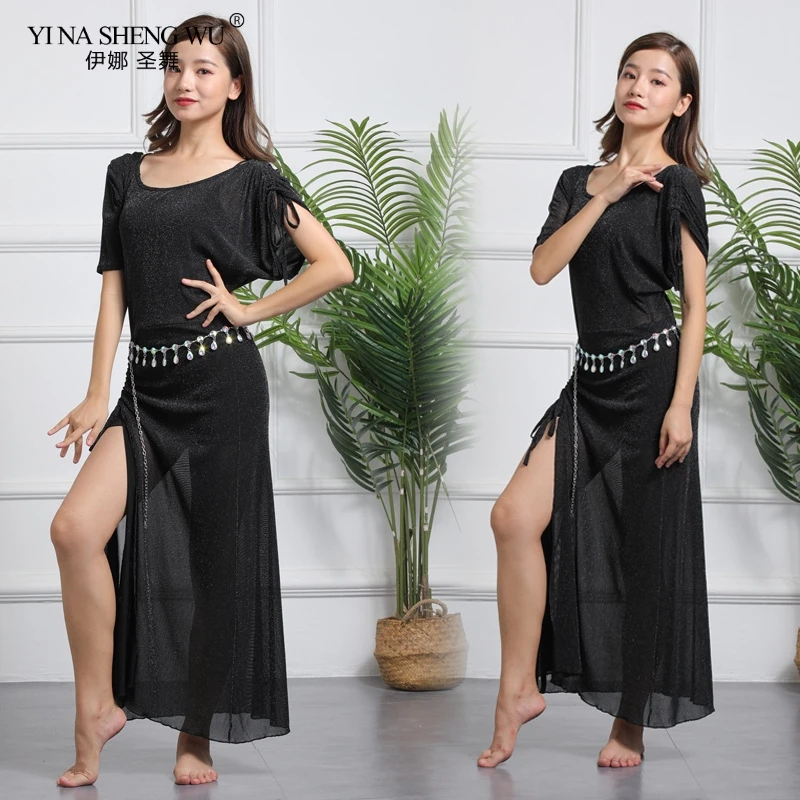 New Belly Dance Clothes Baladi Saidi One-piece Dress Girls Dance Practice Costumes Women Belly Dance Dress With Belt Waist Chain