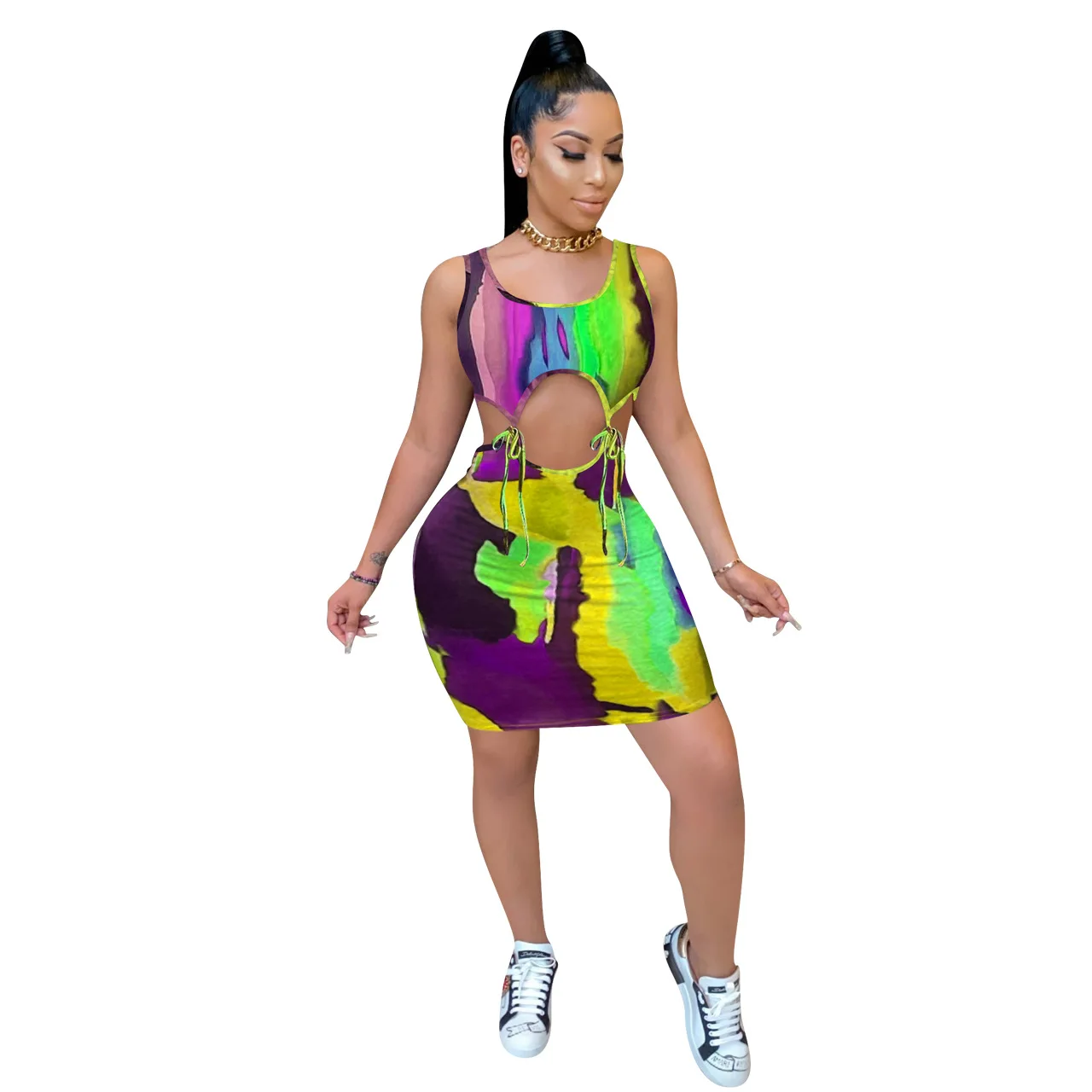 2021 Tie Dye Sexy Mini Dress แขนกุด Cut Out Vestidos Night Club Party ชุด Holiday Beach สวม Bodycon Sundress