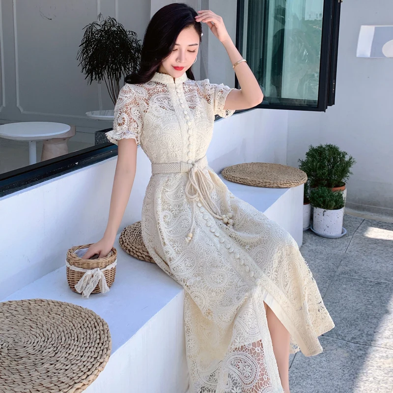 A-Line Embroidery Lace Spring Party Short Sleeve 2021 Dress Runway Elegant Dresses Women Vintage High Waist Boho Autumn Vestido