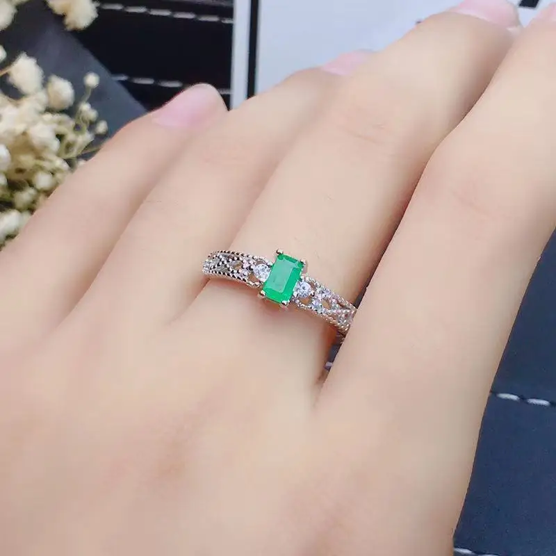 

trendy Elegant Lovely delicate Small Natural green emerald Ring Natural gemstone ring S925 silver women party gift fine Jewelry