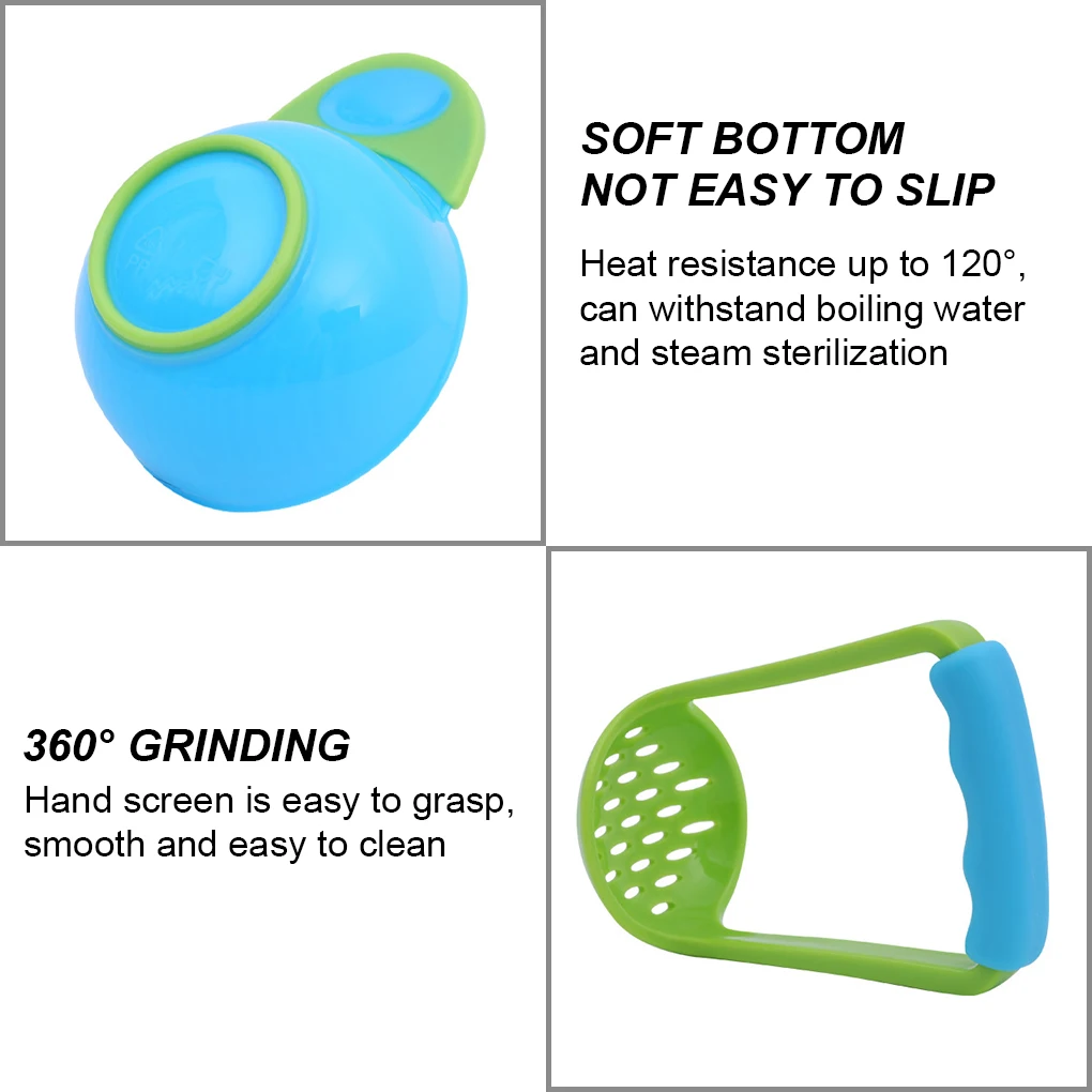 Baby Grinding Bowl Manual Kids Feeding Bowl Vegetable Fruit Infant Food Masher Set, Blue White