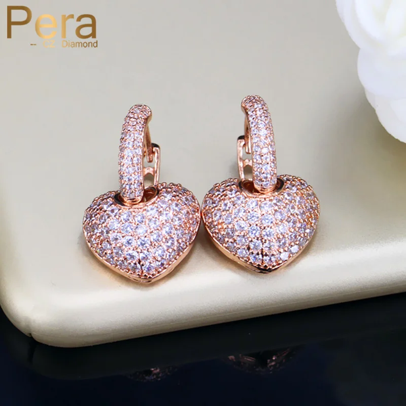 Pera Fashion Korean Cute Style Clear Hoop Cubic Zirconia Paved Rose Gold Color Big Heart Shape Stud Earrings For Women Gift E304