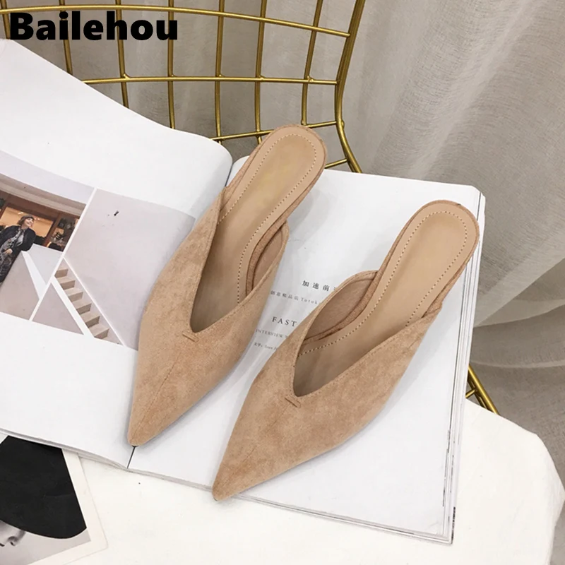 Bailehou 2019 New Summer Flock Leather Pointed Toe Women Slippers Low Heel Slip On Mules Outsides Ladies Slides Slippers Pumps