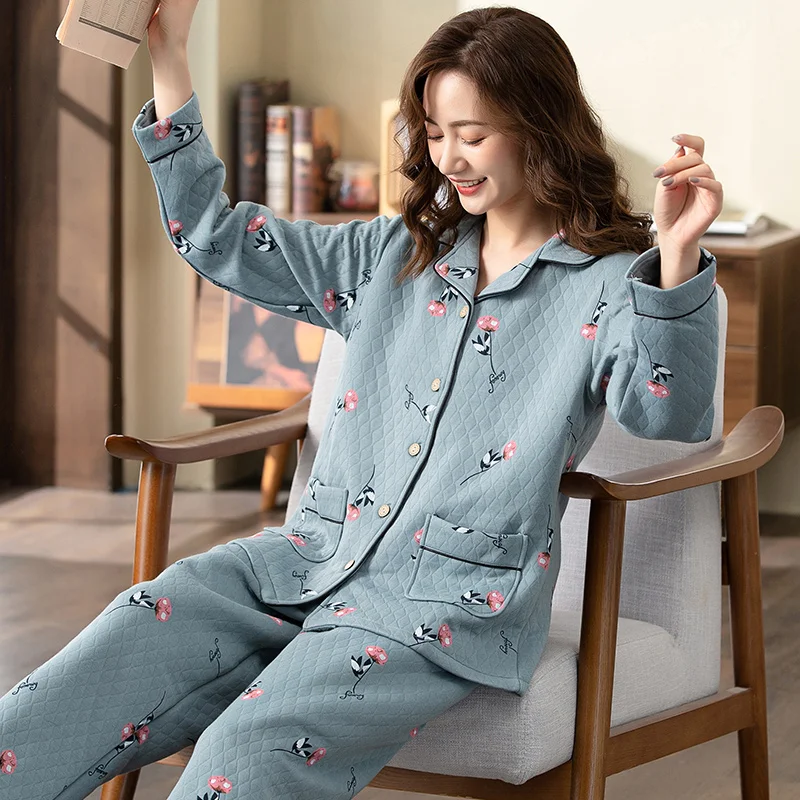 

Pajamas women's autumn and winter thick long-sleeved laminated air cotton home service female warm M-XXXL thin quilted suit