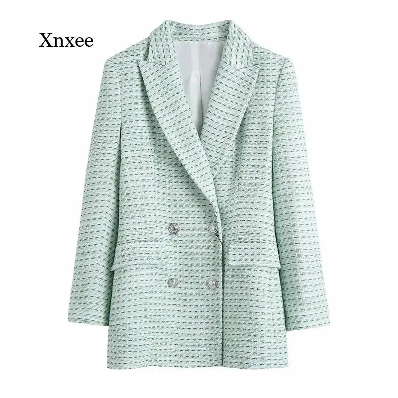 2021 Winter Tweed Female Two-Piece Green Retro Office Ladies Double-Breasted Suit Jacket Female Slim High Waist Skirt Skirt Suit