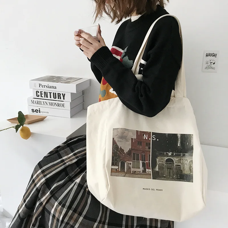 Women Canvas Shopping Bag Prado Museum Pictures Female Cotton Cloth Shoulder Bag Eco Handbag Tote Reusable Grocery Shopper Bags