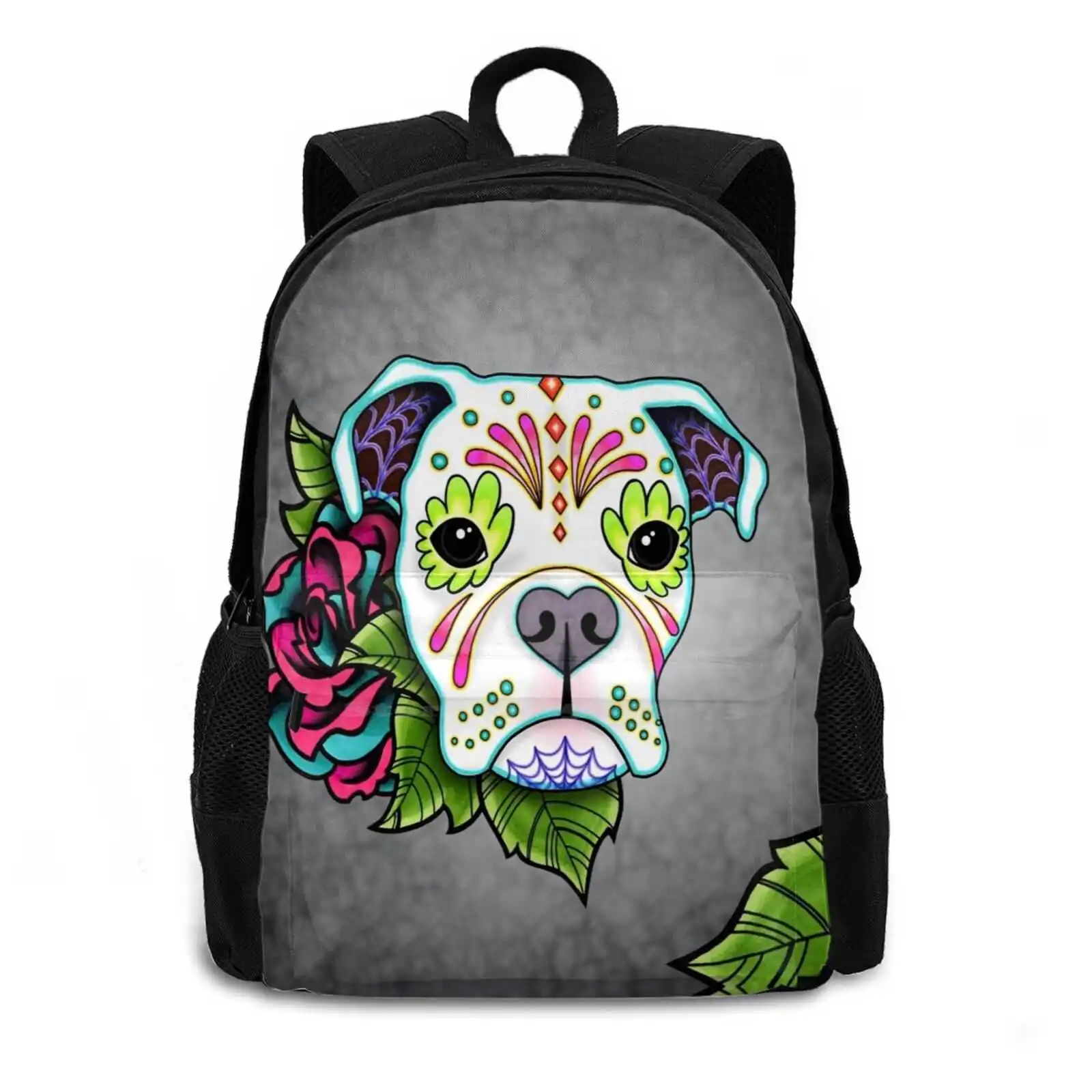 Boxer In White-Day Of The Dead Sugar Skull Dog 397D Print Design Backpack Student Bag Boxer Dia Los Muertos Day Dead Calavera