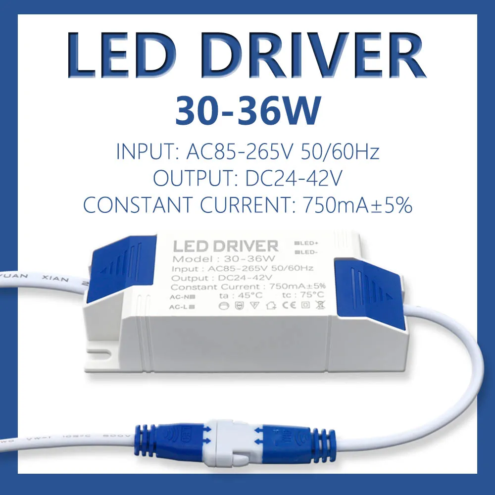 LED 패널 램프 전원 공급 장치, 조명 변압기, AC85-265V 출력, 750mA, DC24-42V 외부 LED 드라이버, DC 커넥터, 30W-36W