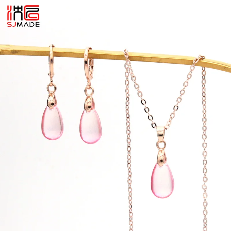 SHENJIANG New Colorful Glass Water Drop Dangle Earrings Pendant Necklace Jewelry Sets For Women Party