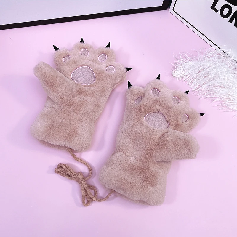 Winter Cat Claw Design Women\'s Cosplay Gloves Warmth Lolita Girlish Accessories Thick Fuzzy Hanging Thread Cartoon Cute Gloves