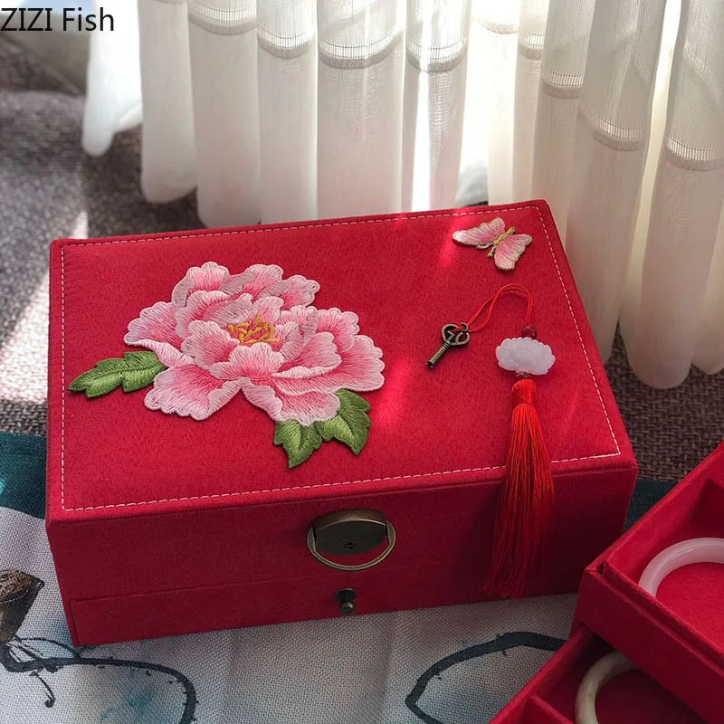 Flower Flannel Embroidery Storage Box with Lock Double Layer Makeup Box Dressing Table Jewelry Organizer Necklace Hanging Rack