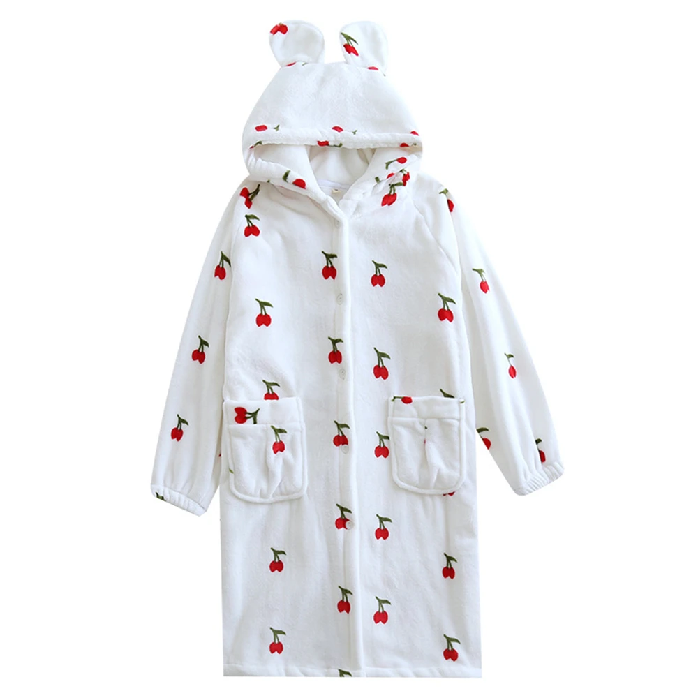 Autumn And Winter Flannel Women Robe Thickened Long Warm Cute Print Bathrobe Ladies New Warm Nightgown Home Pajamas Pants Suit