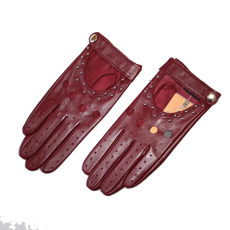 Goatskin Driving Driver Leather Gloves Women's Thin Outdoor Motorcycle Riding Fashion Hollow Rivet Spring Summer