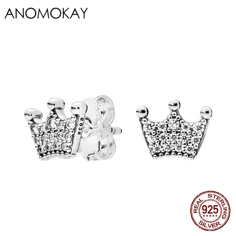 Anomokay Authentic 925 Sterling Silver CZ Crown Stud Earrings Luxury Silver Rose Gold Earrings Jewelry for Women Bijoux Gift