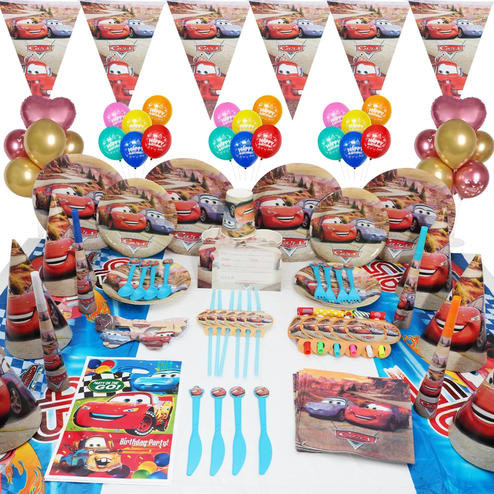 

Disney Racing Cartoon Cars Balloon Lightning McQueen Birthday Party Disposable Tableware Tablecloth Plates Cups Baby Shower