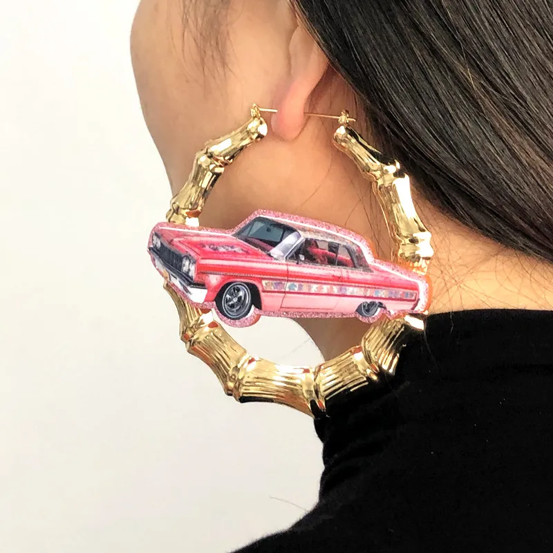 KUGUYS Vintage Pink Lowrider Car Bamboo Hoop Earrings for Women Retro Glitter Acrylic Trendy Accessories Rock HipHop Jewelry