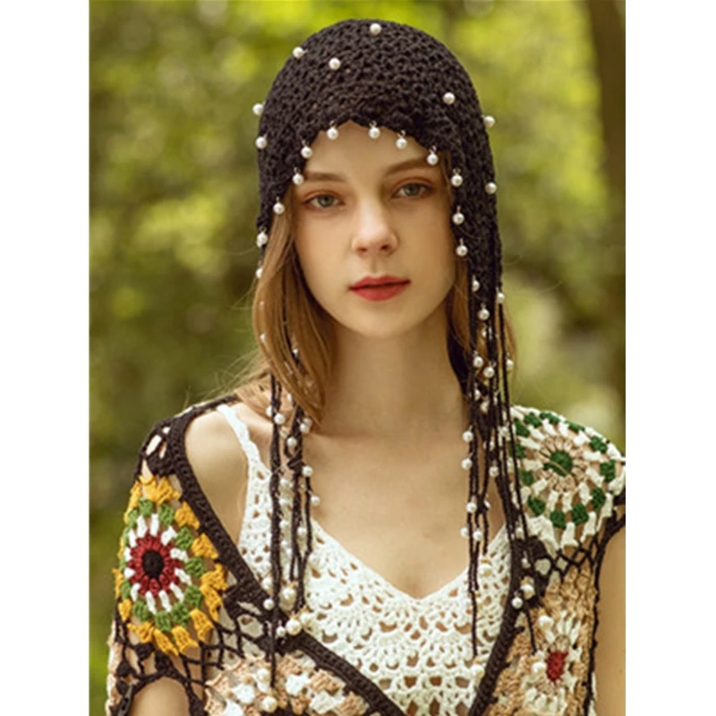 Women knitted hat spring  summer handmade hollow beanie cap ethnic style retro hat tassel princess cap