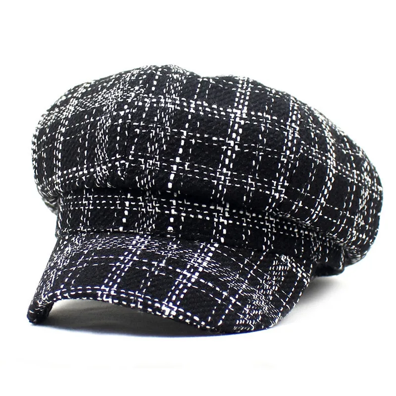 Ldslyjr 2021 Cotton Women Plaid Duck Tongue Beret Simple Casual Octagonal Cap Autumn and Winter Joker Painter Hat 14