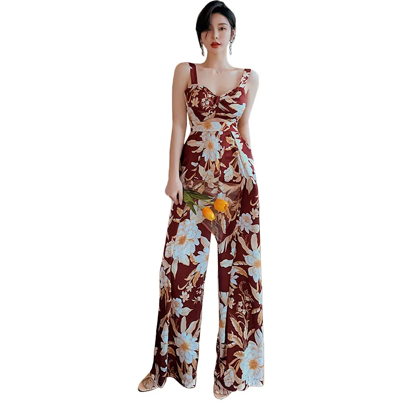 2020 Châu Âu Và Hoa Kỳ Mùa Hè Mới Nữ Retro In Hình Dây Jumpsuit Ống Rộng