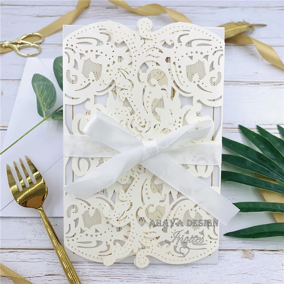 

Shimmery Ivory Laser Cut Warp with Customized Insert, Personalized Invites With Bowtie