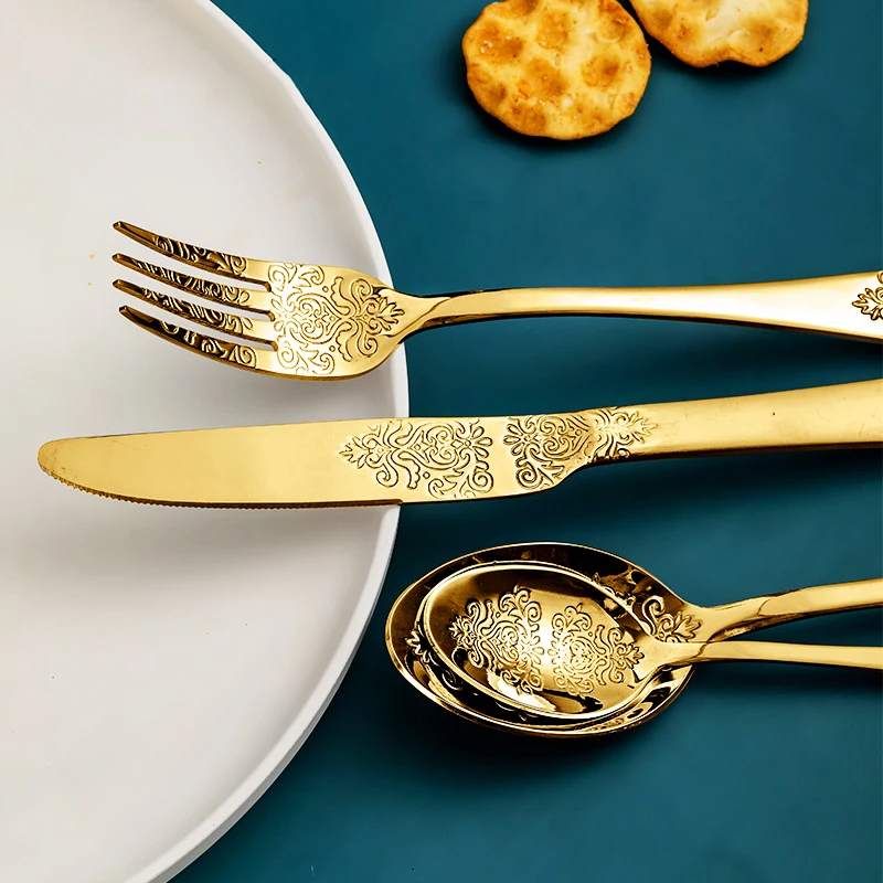 Noble Golden Cutlery Set,European Knife and Fork Spoon Embossed Western Tableware Retro Stainless Steel Dinnerware Sets