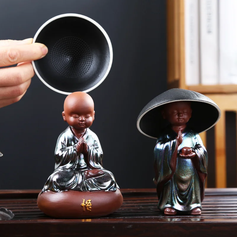 Handmade Buddha Tea Pet Purple Sand Buddha With Filter Kung Fu Tea Set Monk Tea Infuser Hat Tea Tray Censer Decor Accessories