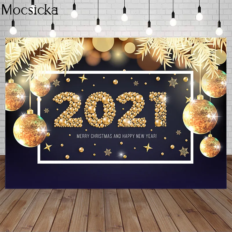 

Mocsicka Happy New Year Photography Background 2021 Snowflake Christmas Decoration Ball Family Party Backdrop For Props Studio