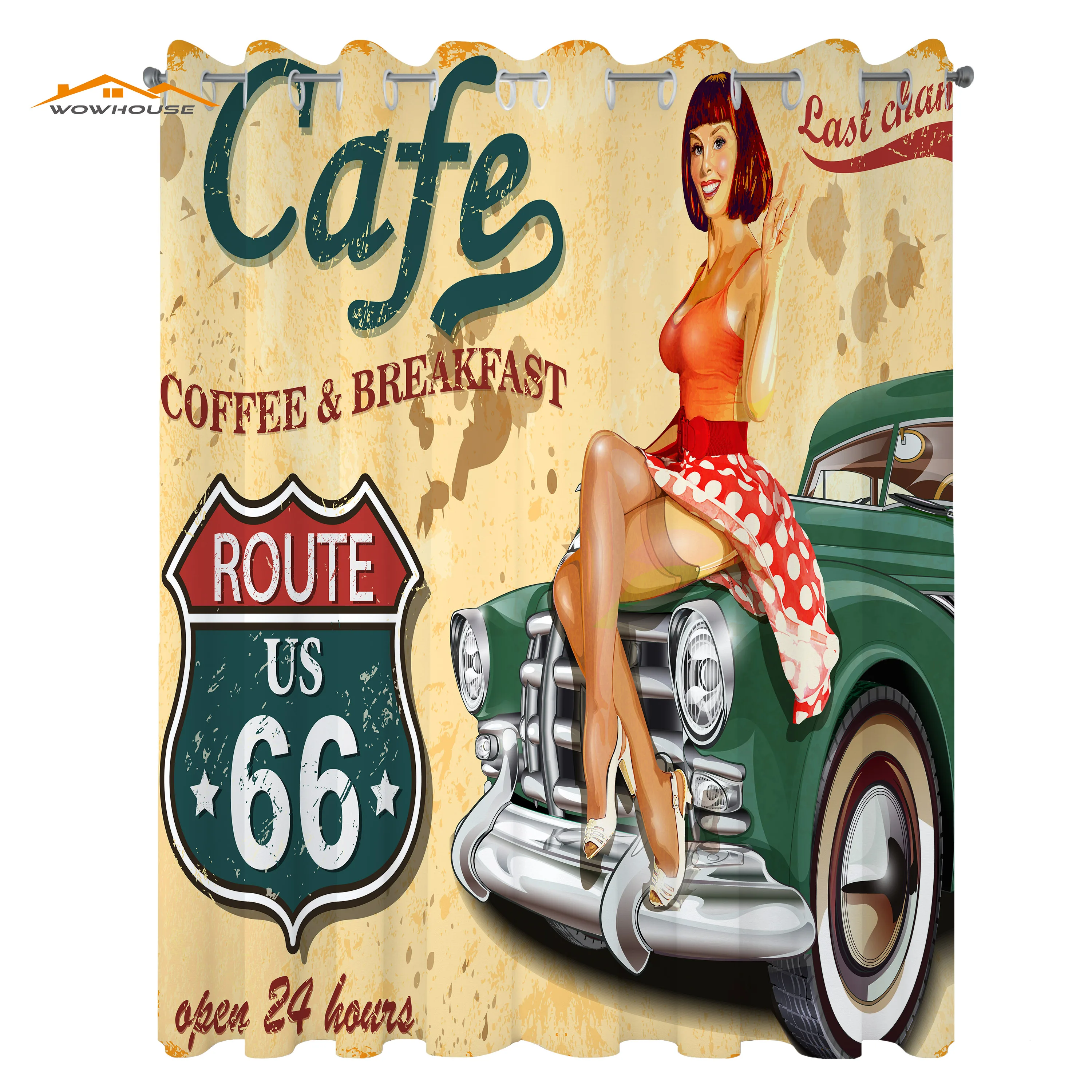 Route 66 Kitchen Curtains Cafe Diner Sign Vintage Lady Sitting on a Car Highway Nostalgic Grunge Theme Window Drapes for Kitchen