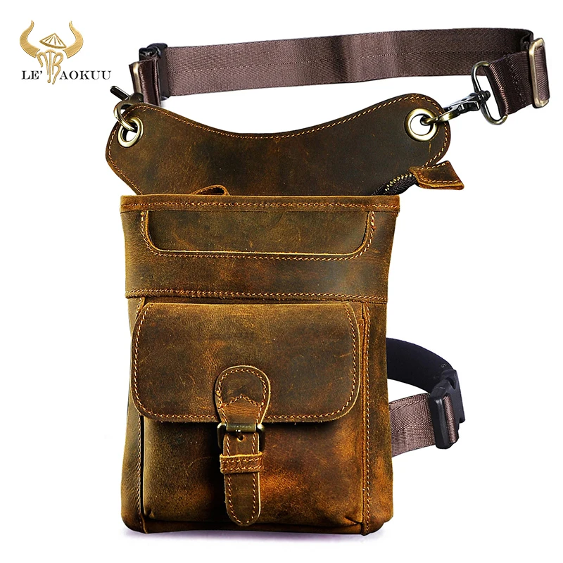 Thick Crazy Horse Leather Men Design Small Messenger Shoulder Sling Bag Vintage Fanny Waist Belt Pack Drop Leg Bag Pouch 211-12