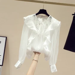 Women Fashion Blouse 2021 Spring New Long-sleeved Lace Ruffle Flashing Chip Mesh Thin Shirt Female Puff Sleeve Chiffon Shirt Top