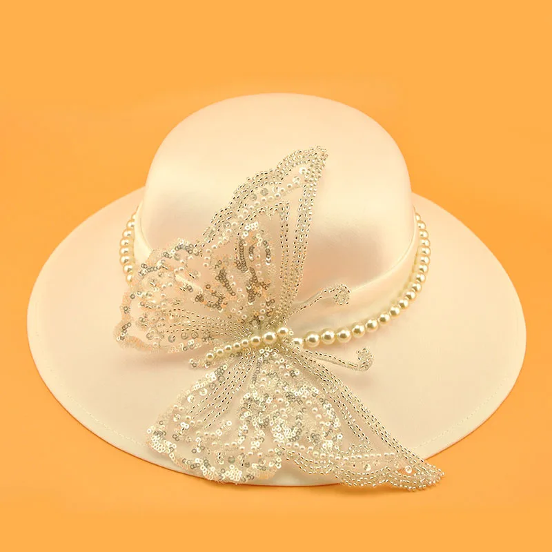 White Women Top Hat Handmade Pearls Butterfly Decoration Satin Wedding Hat bijoux de tete mariage oriental Chapeau mariage femme