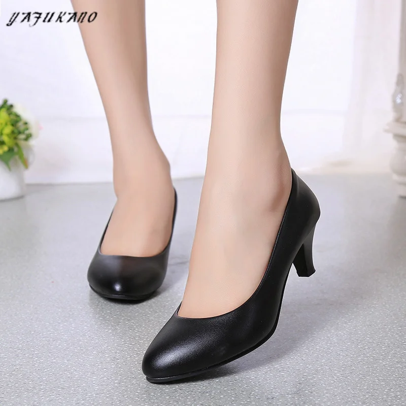 Women Leather Mid Heel Pumps 2024 New High Quality Shoes Classic Black High Heels Shoes for Office Ladies Shoes