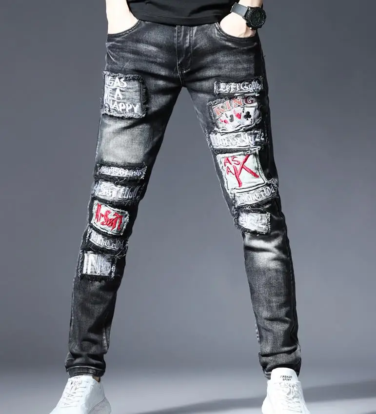 

Ripped Fashion Men's Slim Destroyed Frayed Stretch Denim Pants Trousers Retro Embroidery patch Hip Hop Rock Jeans