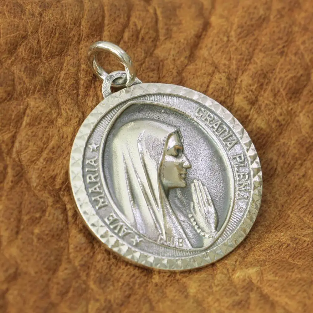 

LINSION 925 Sterling Silver Virgin Mary Pendant Charms 2 Sides Round Pendant TA167 JP