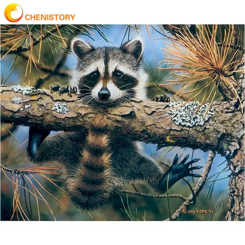 CHENISTORY Oil Painting By Numbers Little Raccoon Hang On Tree Animal Picture By Number 40x50cm Framed Acrylic Home Decor Arts