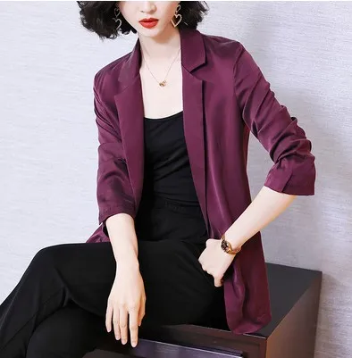 

2022 autumn women's suit cardigan Long Sleeve Silk Jacket 23 mm heavy sand washed Satin mulberry silk suit cardigan jacket