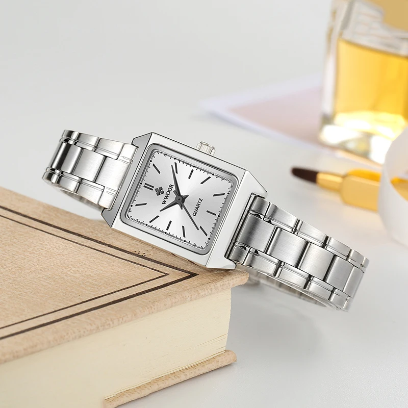 WWOOR Women Small Square Watch Simple Design Luxury Stainless Steel Women Quartz Wristwatch Silver Casual Watches Gift For Women