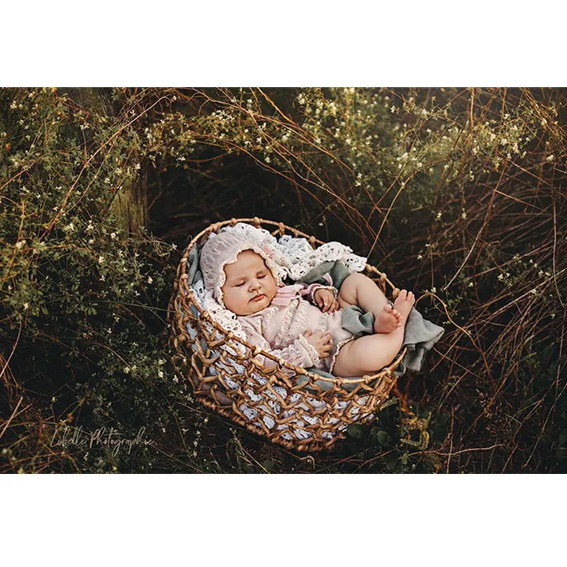 Newborn Photography Props Accessories Oval Hollow Straw Iron Basket Twins Girl Boy Baby Photo Shoot Bed Furniture Background Box