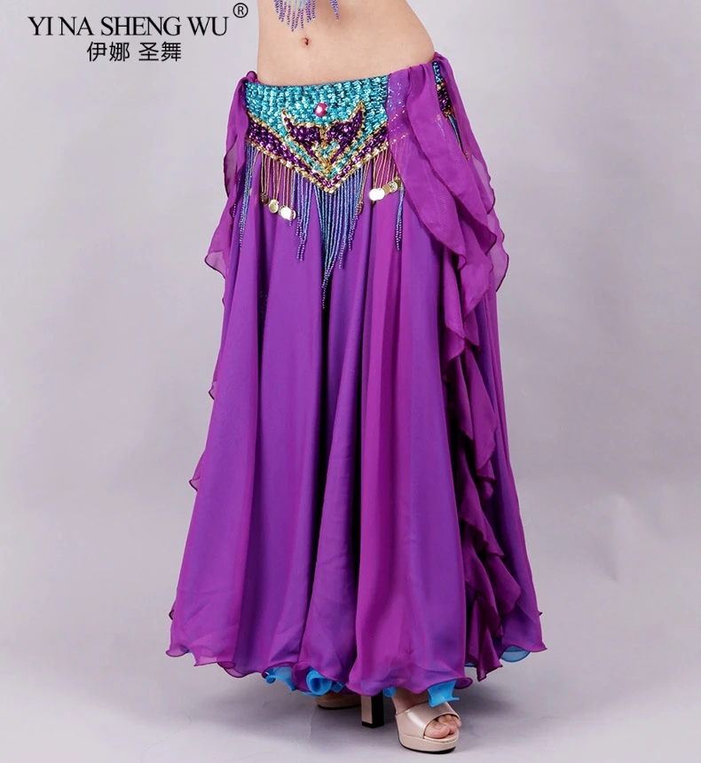 Women Belly Dance Costume Double Colors Long Maxi Side Split Skirt Full Circle Skirt Dance Performance Skirt Adult(Without Belt)