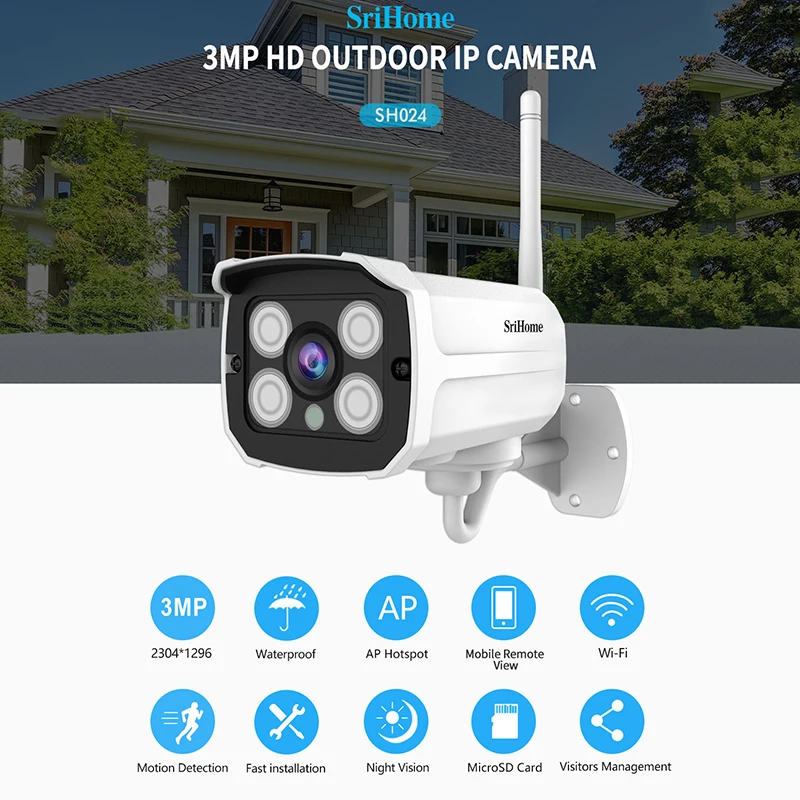 SriHome SH024 H.265 3.0MP Wireless IP Camera Smart Outdoor Waterproof Surveillance Camera HD Bullet Motion Detection Wifi Cam