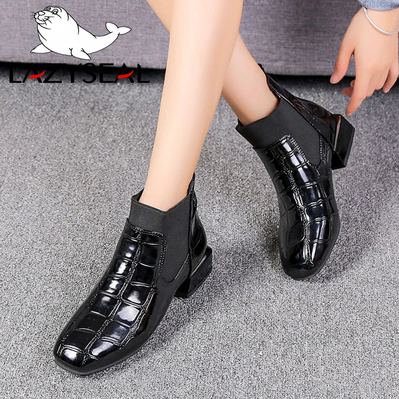 LazySeal New Square Toe Ankle Boots For Women Patent Leather Elastic Band Slip-on Woman Shoes Ladies Fashion Boots Woman Booties