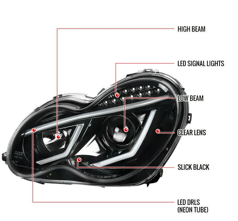 Sulinso For 2001-2007 Benz W203 C-Class Slick Black Projector Headlights w/ LED DRL Bar