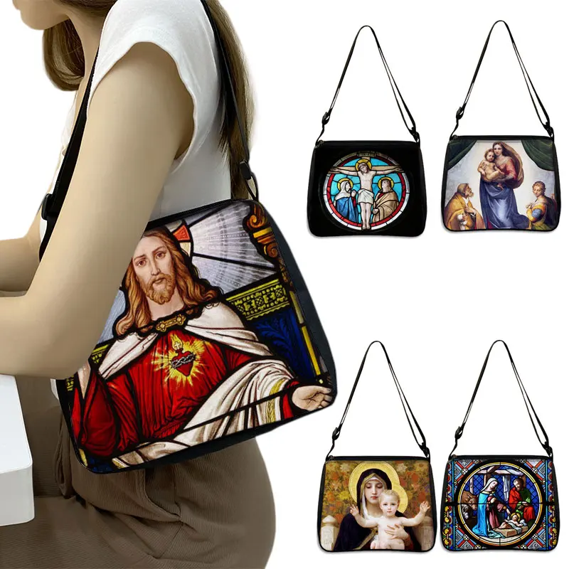 Holy Mary and Jesus Painting Print Handbags Vintage Women Canvas Shoulder Bag Leisure Clutch Ladies Portable Messenger Hobo Bags