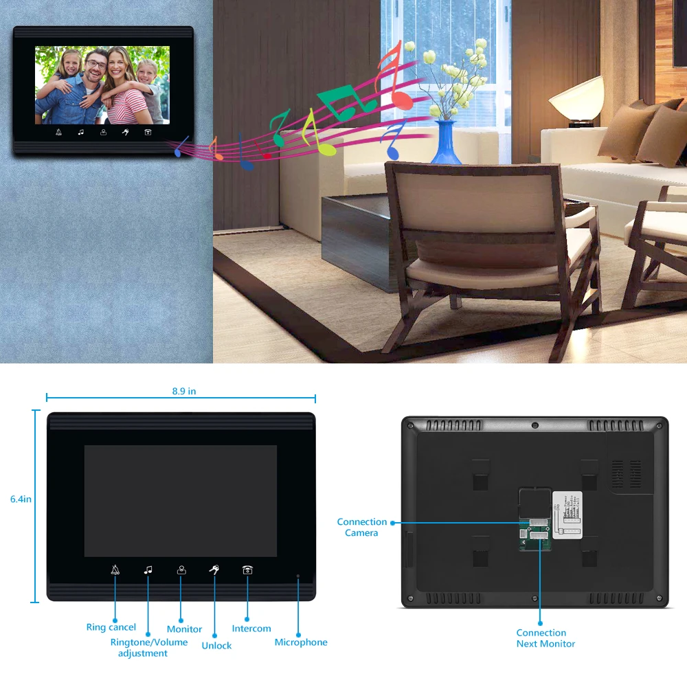 7 Inch Video Intercom System Video door phone Doorbell Kits with Electric Lock+Power Supply+Button, Front Door Release Unlock