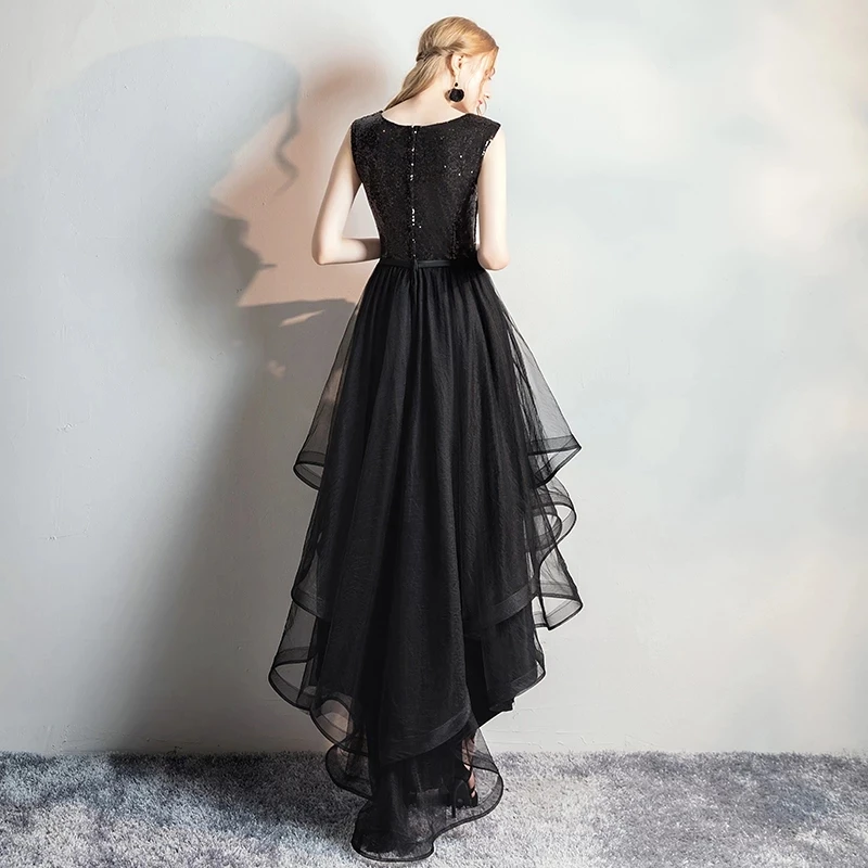 2023 Robe de soiree Schwarz Elegante Oansatz Kurze Vordere Lange Zurück Abendkleider Pailletten Bankett Party Prom Kleid