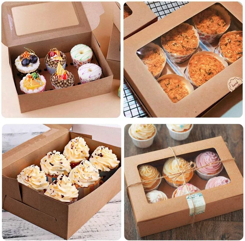 3PCS 2/4/6 Holes Kraft Cupcake Boxes Food Grade Kraft Bakery Boxes with Inserts and Display Windows Fits Cupcakes Muffins